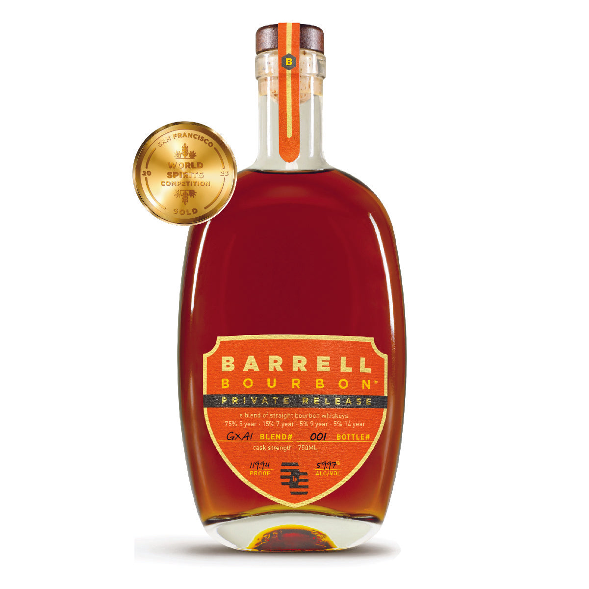 Barrell Bourbon Private Release GXA1: 75% 5 yr, 15% 7 yr, 5% 9 yr, and 5% 14 yr